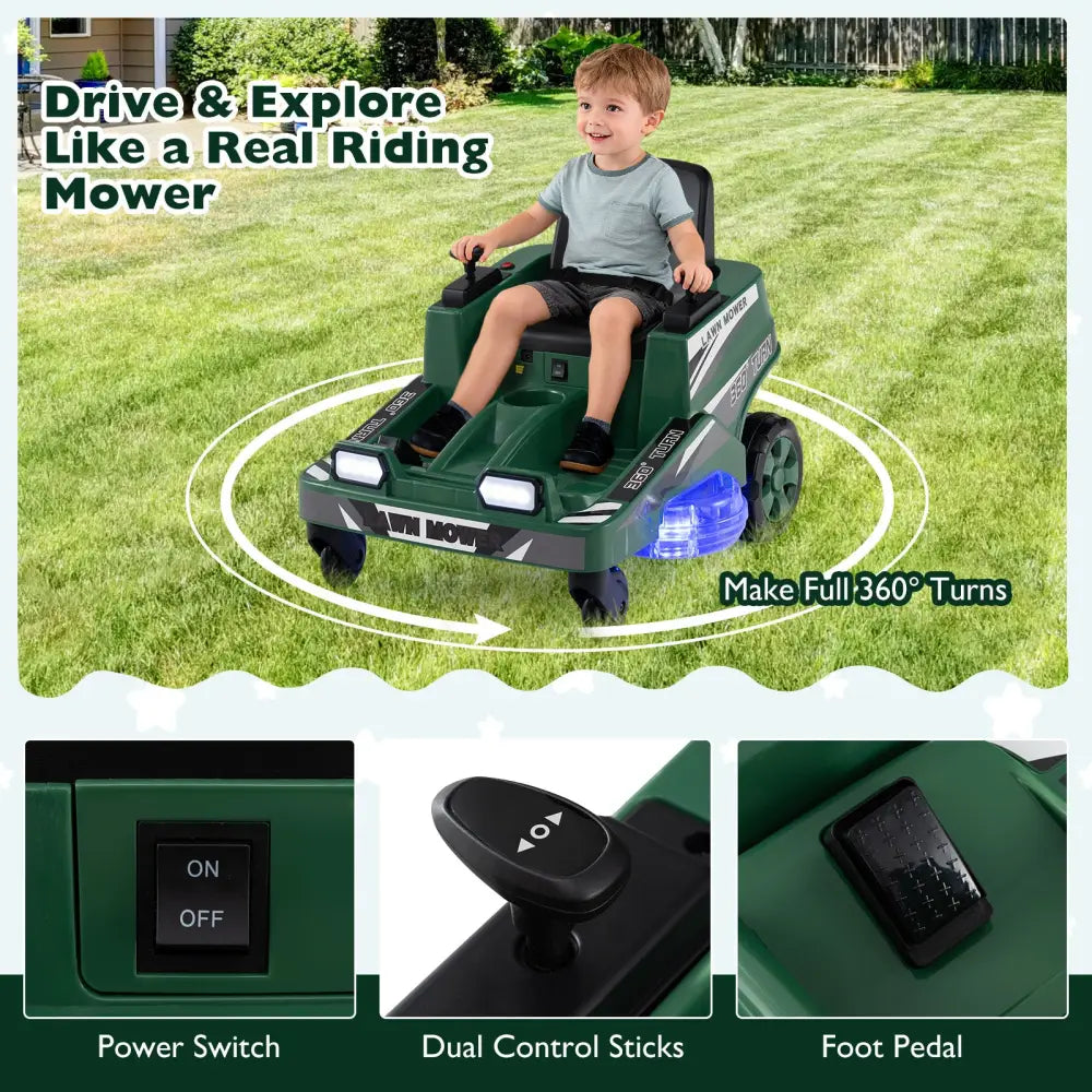 12V Ride on Lawn Mower for Kids with Dual Control Sticks and LED Lights-Green - Green - Powered Ride On Toys