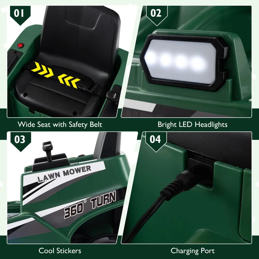 12V Ride on Lawn Mower for Kids with Dual Control Sticks and LED Lights-Green - Green - Powered Ride On Toys
