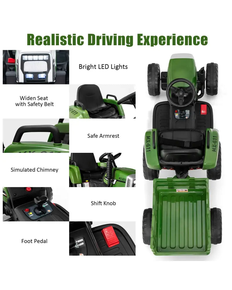 12V Ride on Tractor with 3-Gear-Shift Ground Loader for Kids 3+ Years Old-Dark Green - Dark Green - Powered Ride On Toys
