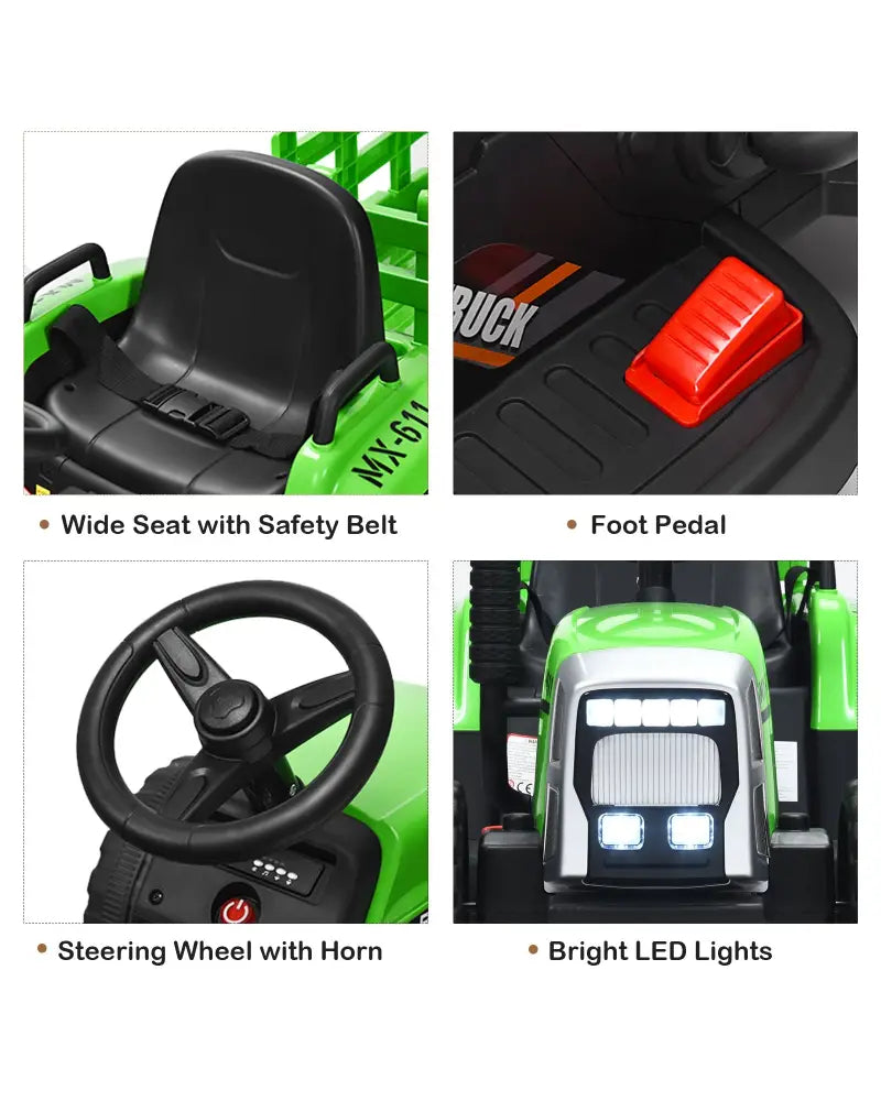 12V Ride on Tractor with 3-Gear-Shift Ground Loader for Kids 3+ Years Old-Green - Green - Powered Ride On Toys