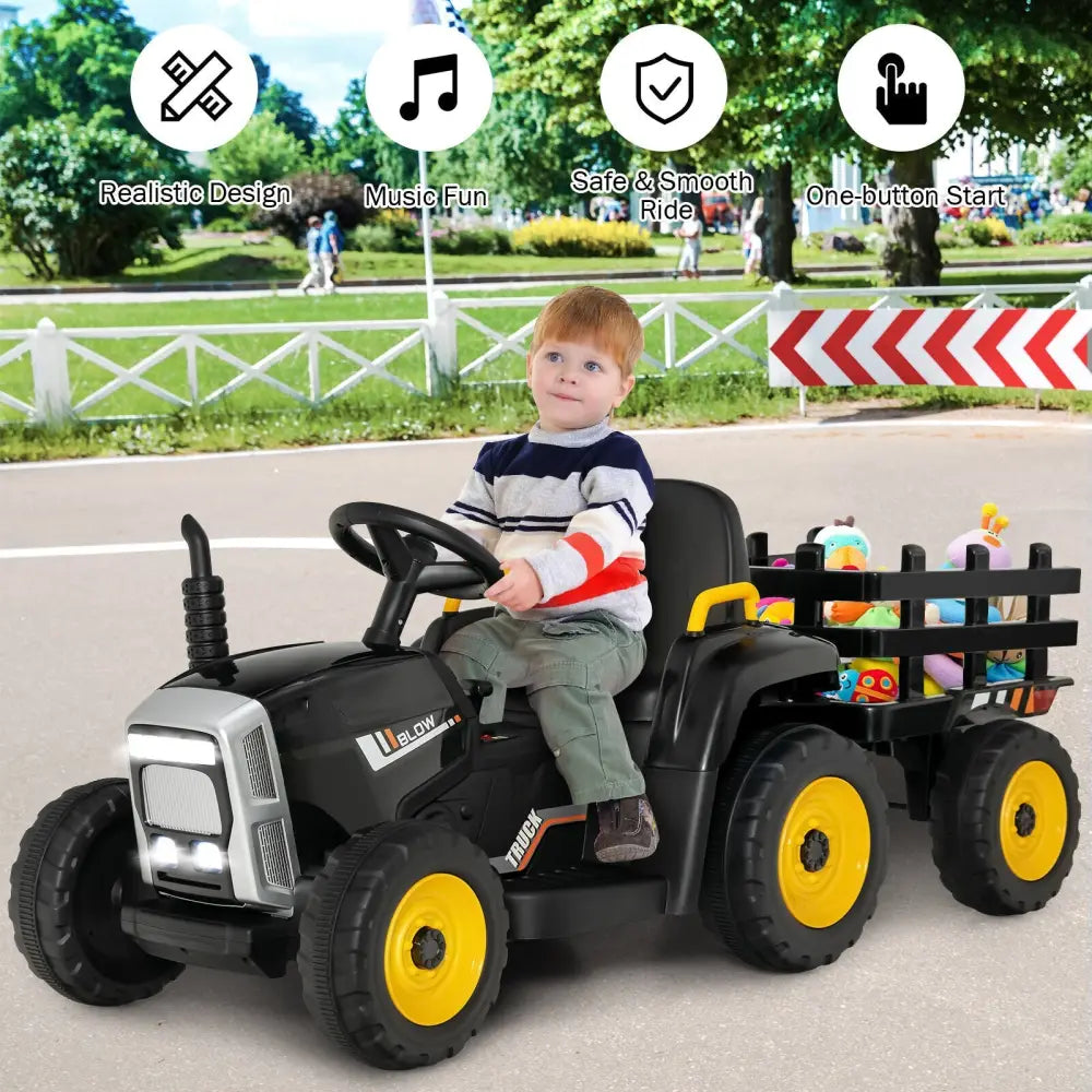12V Ride on Tractor with 3-Gear-Shift Ground Loader for Kids 3+ Years Old-Black - Black - Powered Ride On Toys