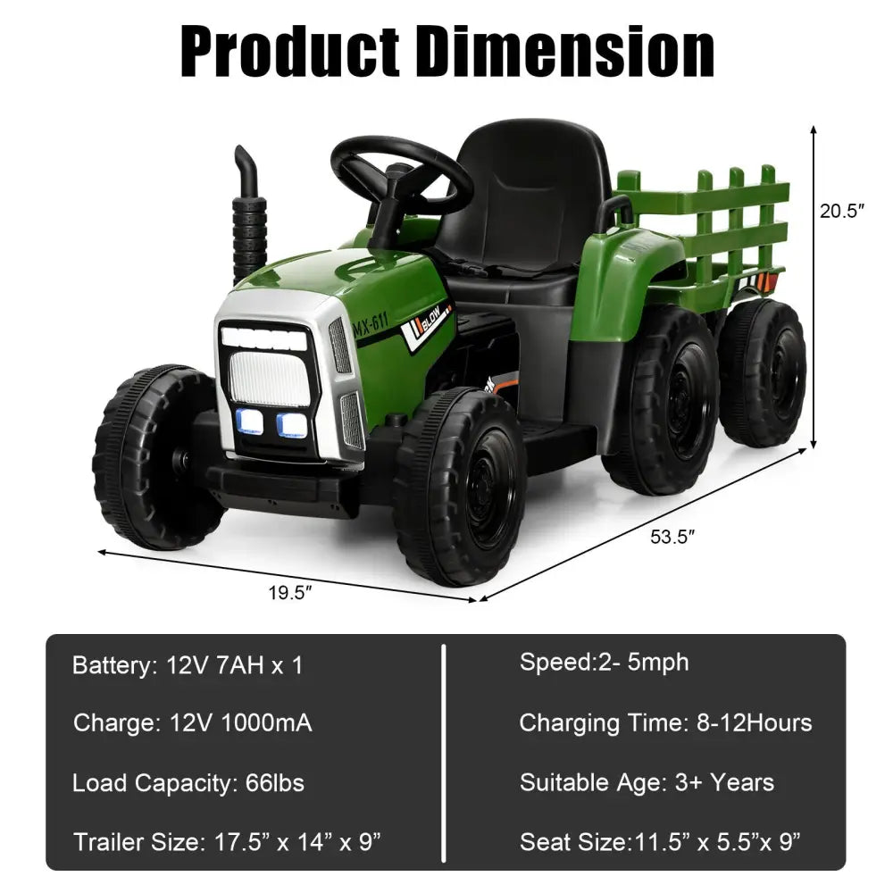 12V Ride on Tractor with 3 - Gear - Shift Ground Loader for Kids 3+ Years Old - Dark Green - Oasis Home Essentials