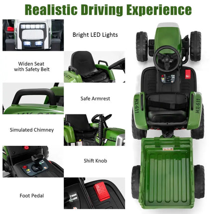 12V Ride on Tractor with 3 - Gear - Shift Ground Loader for Kids 3+ Years Old - Dark Green - Oasis Home Essentials