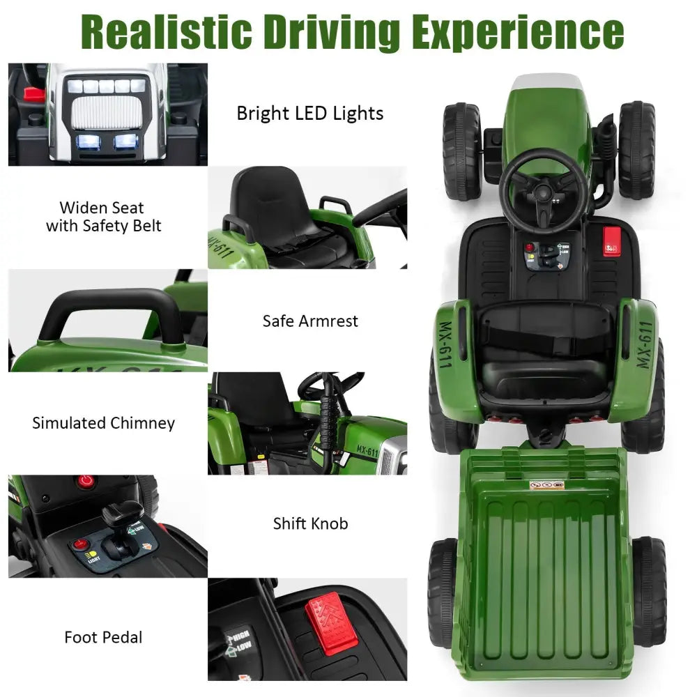 12V Ride on Tractor with 3 - Gear - Shift Ground Loader for Kids 3+ Years Old - Dark Green - Oasis Home Essentials