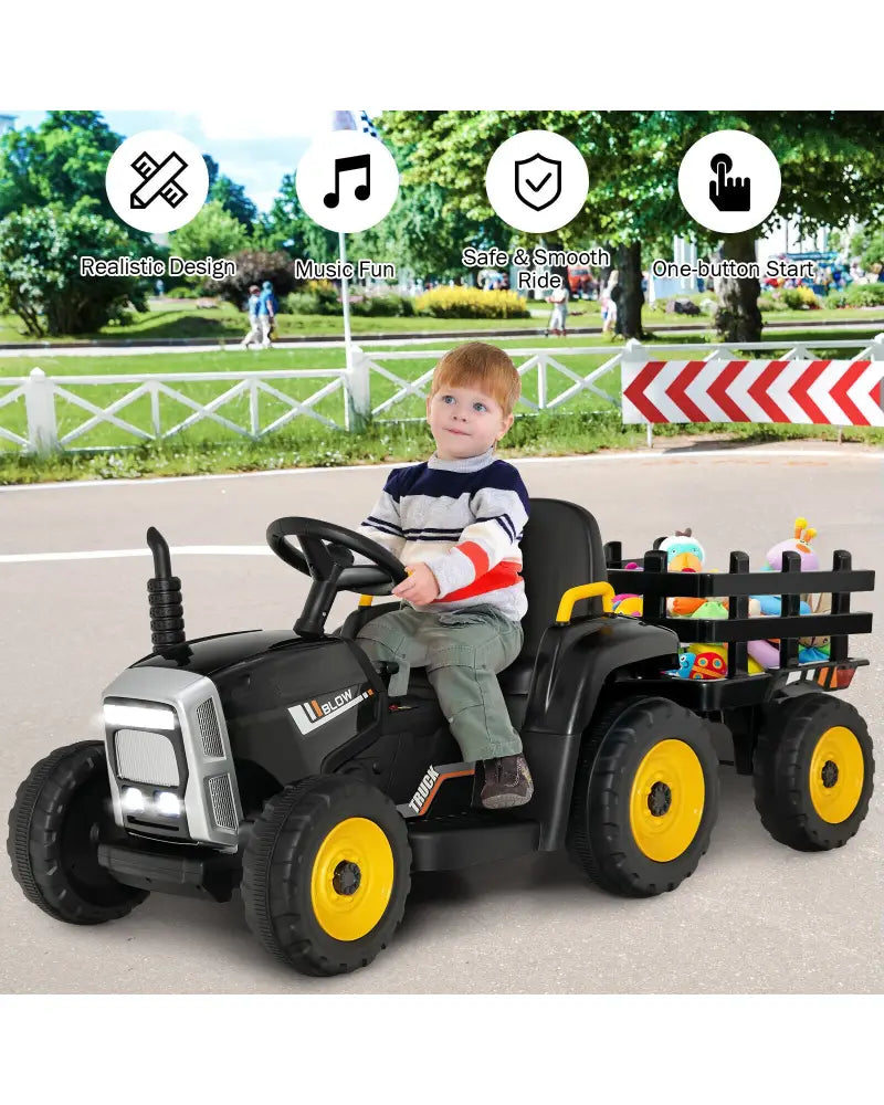 12V Ride on Tractor with 3-Gear-Shift Ground Loader for Kids 3+ Years Old-Black - Black - Powered Ride On Toys
