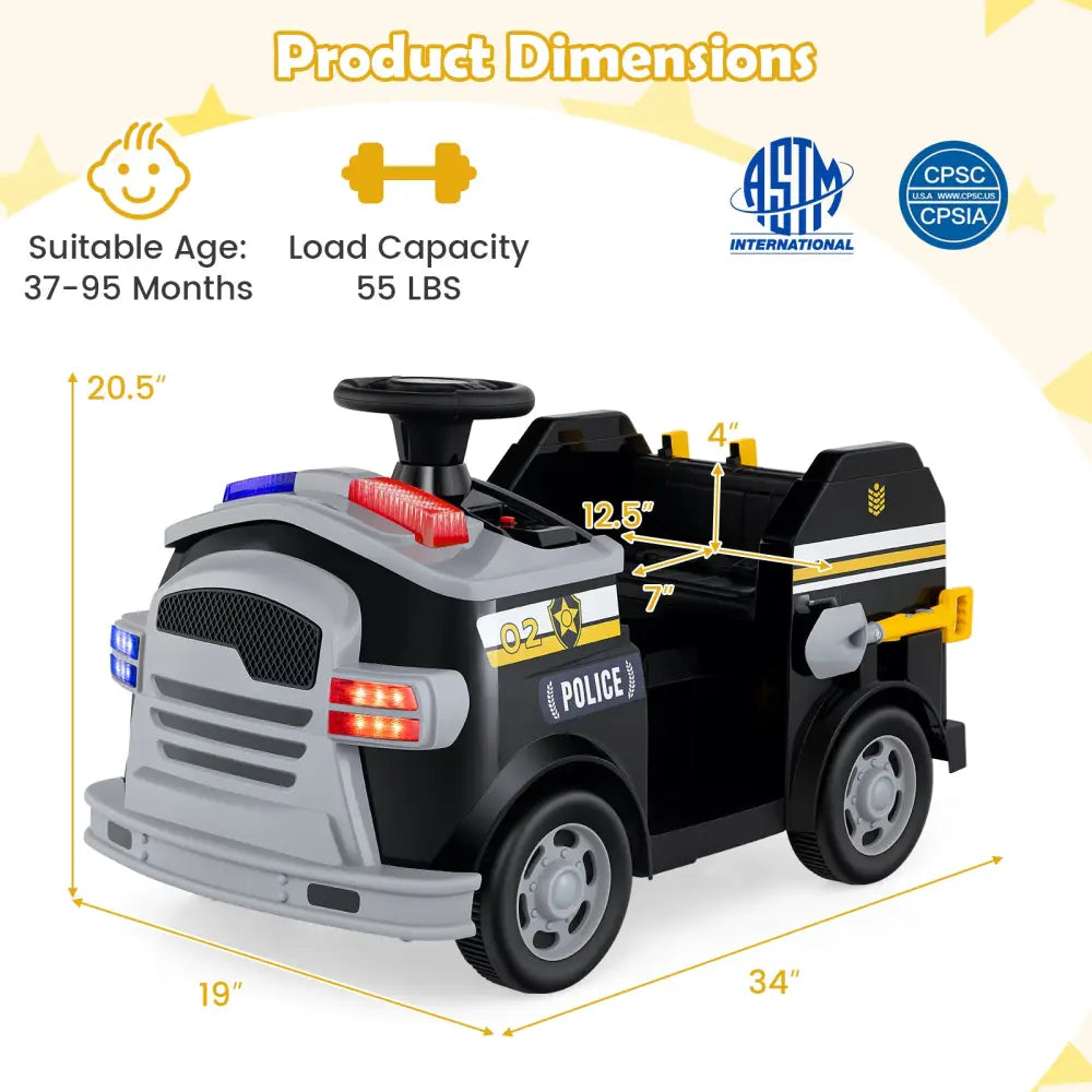 12V Toddler Fire Toy Car with Shovel and Wrench for Ages 37-95 Months-Black - Black - Powered Ride On Toys