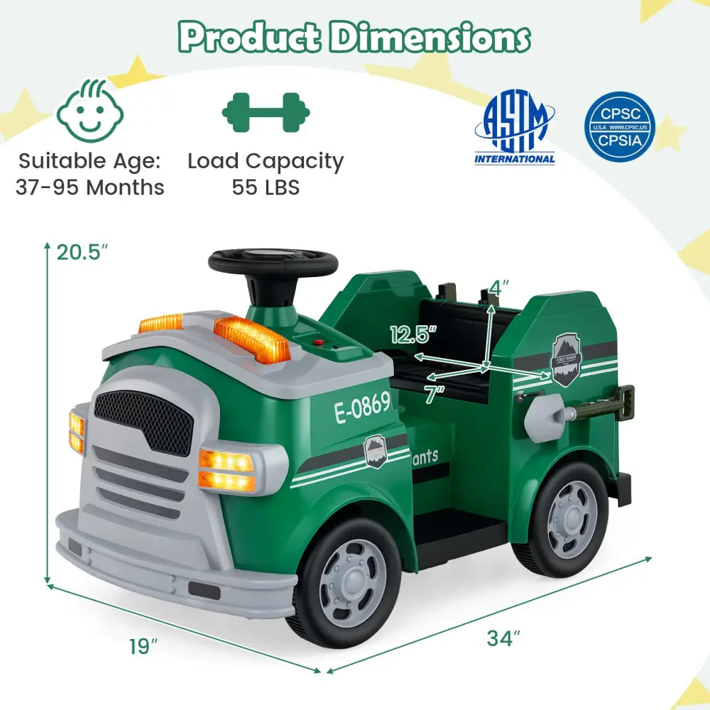 12V Toddler Fire Toy Car with Shovel and Wrench for Ages 37-95 Months-Green - Green - Powered Ride On Toys