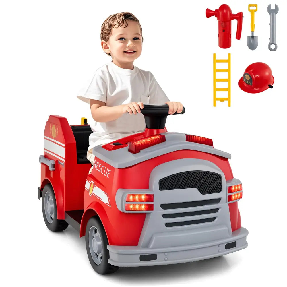 12V Toddler Fire Toy Car with Shovel and Wrench for Ages 37-95 Months-Red - Red - Powered Ride On Toys