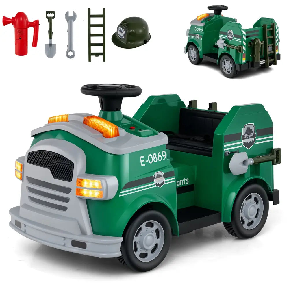 12V Toddler Fire Toy Car with Shovel and Wrench for Ages 37-95 Months-Green - Green - Powered Ride On Toys