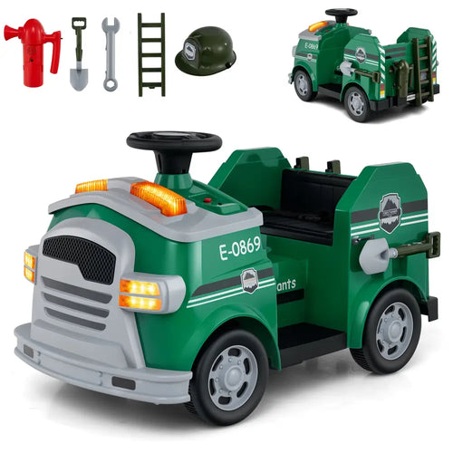 12V Toddler Fire Toy Car with Shovel and Wrench for Ages 37-95 Months-Green - Green - Powered Ride On Toys