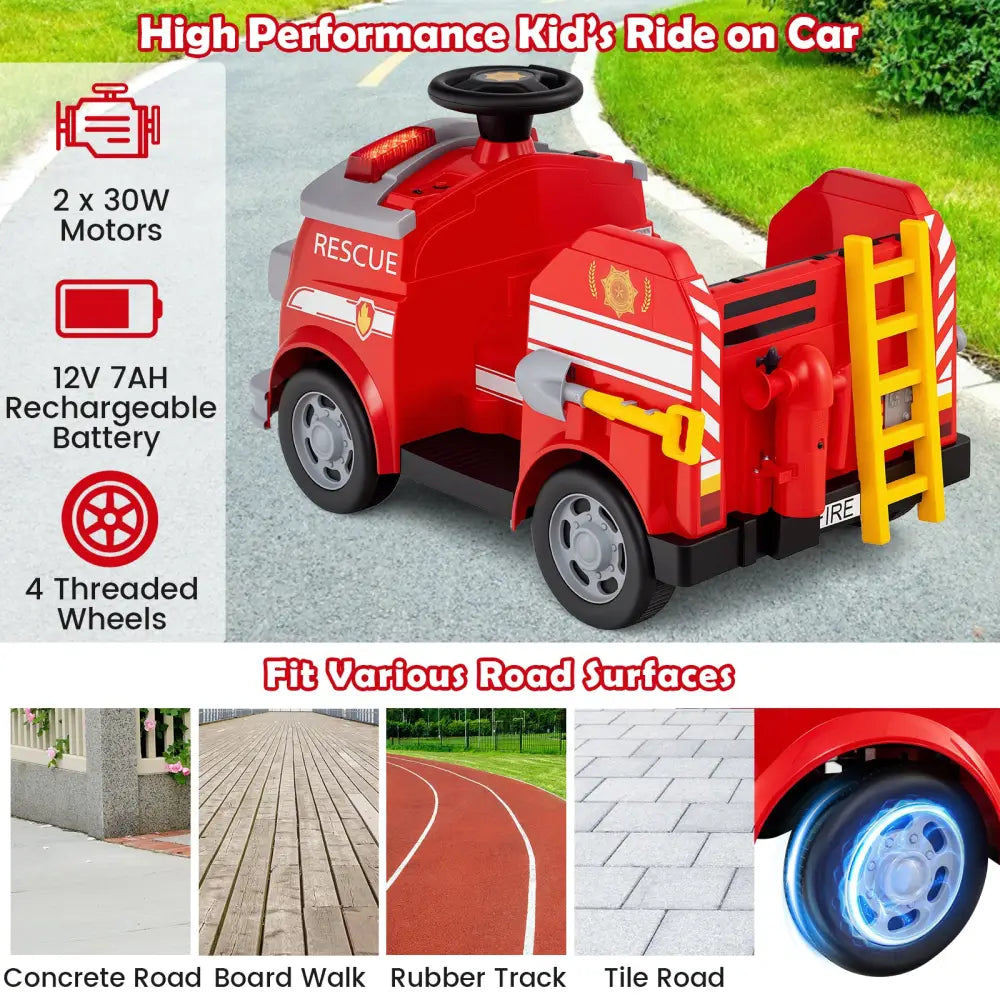 12V Toddler Fire Toy Car with Shovel and Wrench for Ages 37-95 Months-Red - Red - Powered Ride On Toys