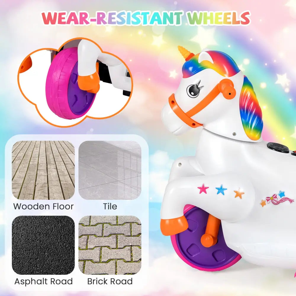 12V Unicorn Ride on Toy with Training Wheels and Horse Riding Mode-Colorful - Multicolor - Powered Ride On Toys
