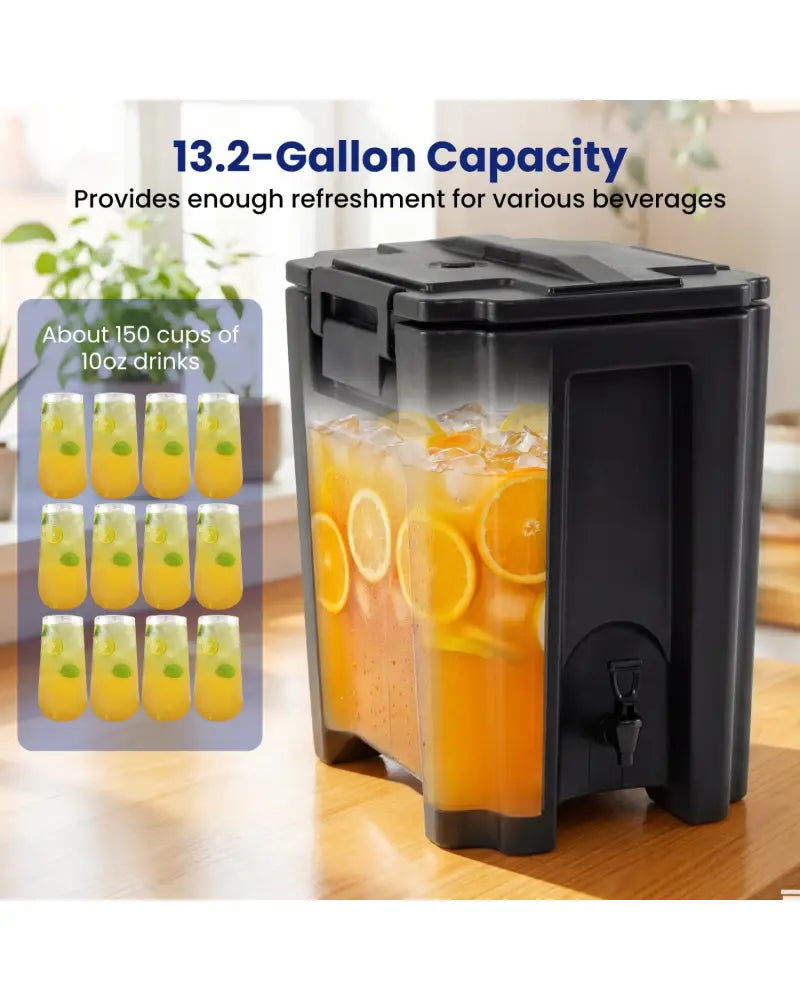 13.2 Gal Insulated Beverage Dispenser Commercial with Two-Stage Faucet-Black - Black - Water Dispensers