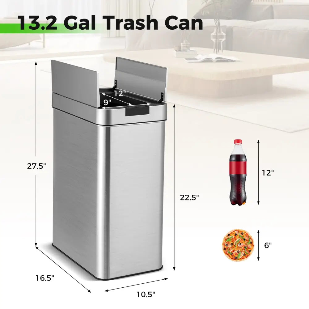 13.2 Gal Slim Kitchen Trash Can with Wing Lids and Stainless Steel Frame-Silver - Silver - Kitchen Trash Cans