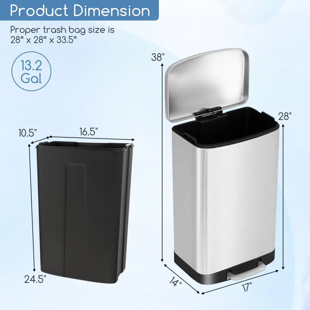 13.2 Gal Stainless Steel Trash Can with Lock Device-Sliver - Silver - Kitchen Trash Cans