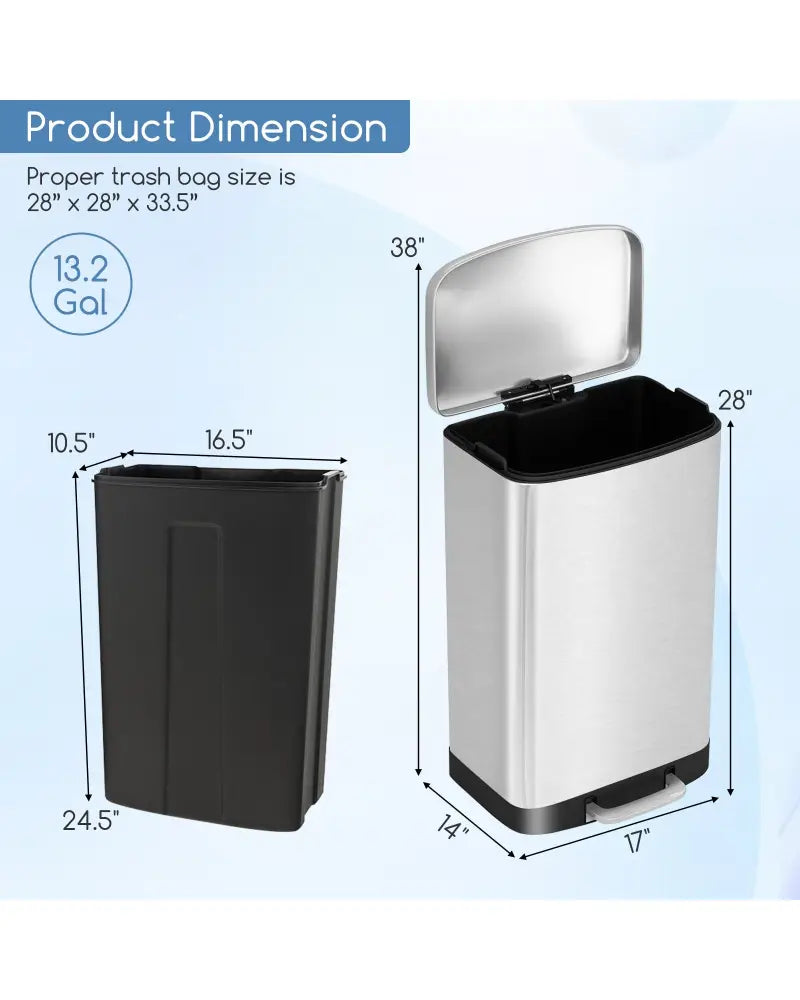 13.2 Gal Stainless Steel Trash Can with Lock Device-Sliver - Silver - Kitchen Trash Cans