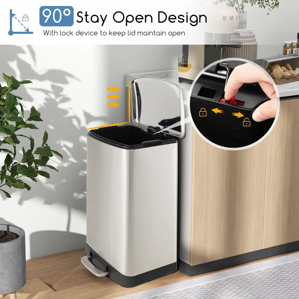 13.2 Gal Stainless Steel Trash Can with Lock Device-Sliver - Silver - Kitchen Trash Cans