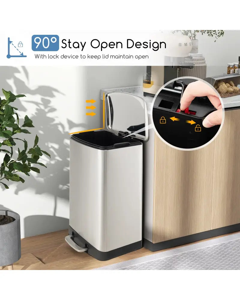 13.2 Gal Stainless Steel Trash Can with Lock Device-Sliver - Silver - Kitchen Trash Cans