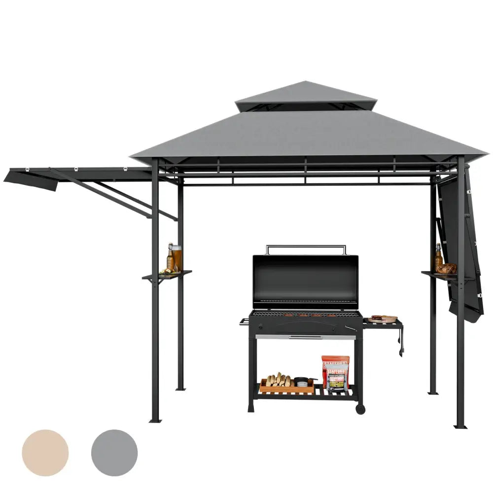 13.5 x 4 Feet Patio BBQ Grill Gazebo Canopy with Dual Side Awnings-Gray - Gray - Gazebos