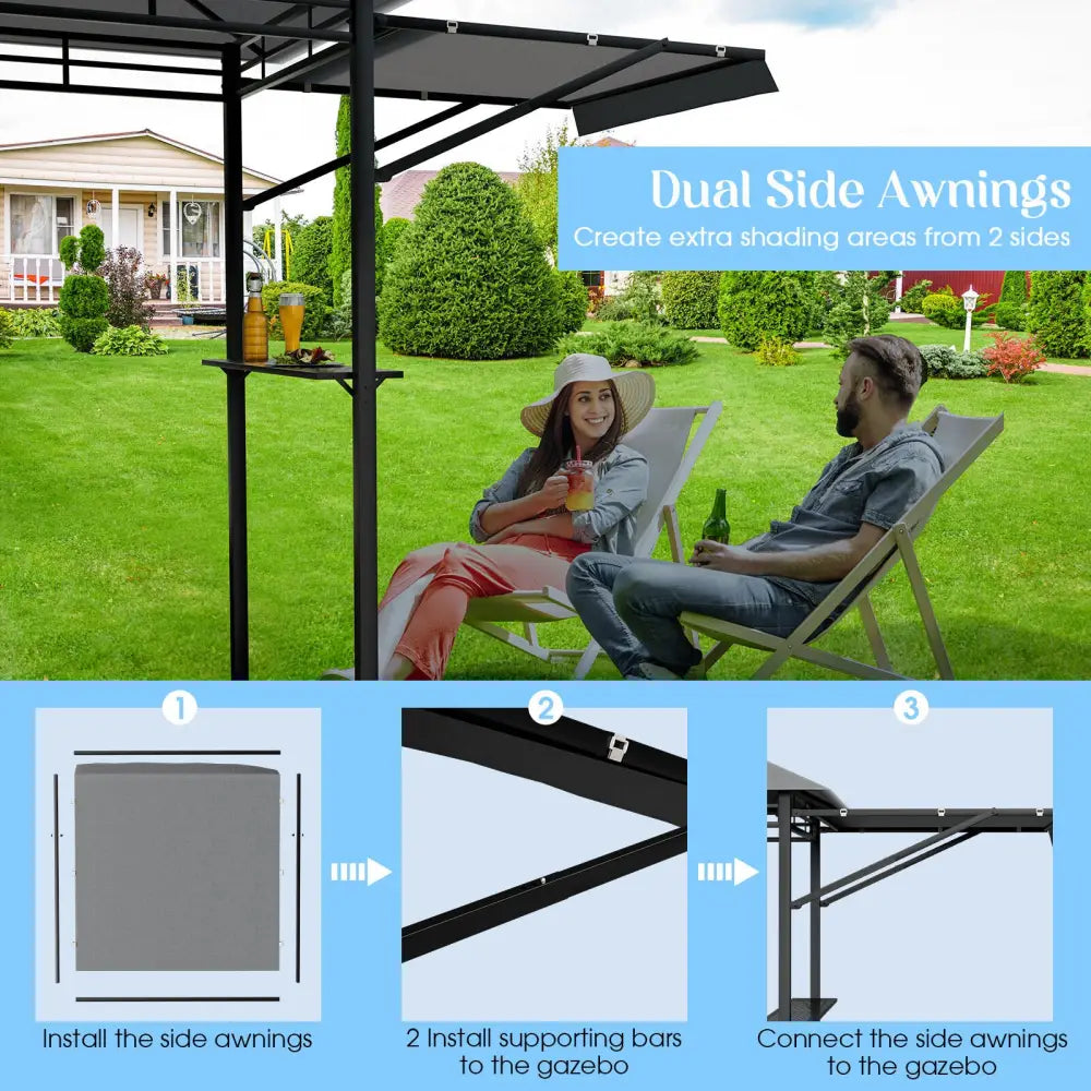 13.5 x 4 Feet Patio BBQ Grill Gazebo Canopy with Dual Side Awnings-Gray - Gray - Gazebos