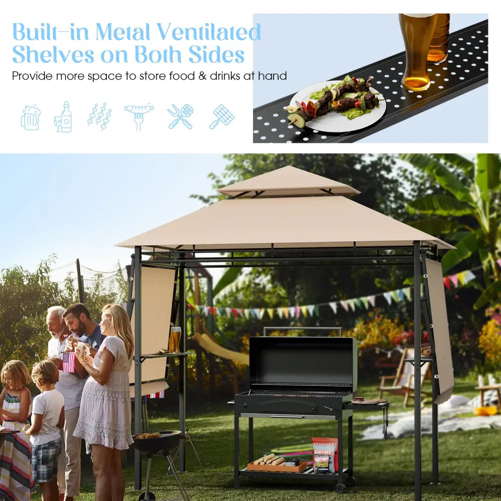 13.5 x 4 Feet Patio BBQ Grill Gazebo Canopy with Dual Side Awnings-Beige - Beige - Gazebos