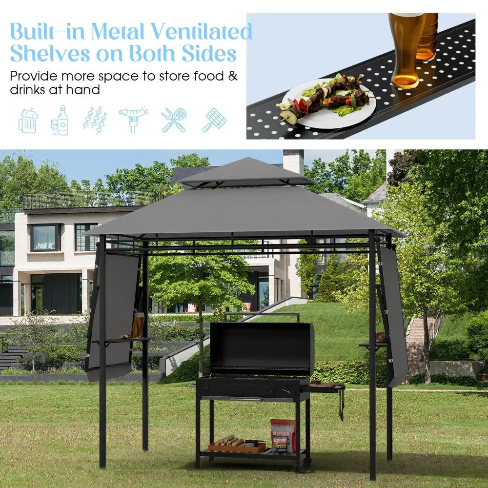 13.5 x 4 Feet Patio BBQ Grill Gazebo Canopy with Dual Side Awnings-Gray - Gray - Gazebos