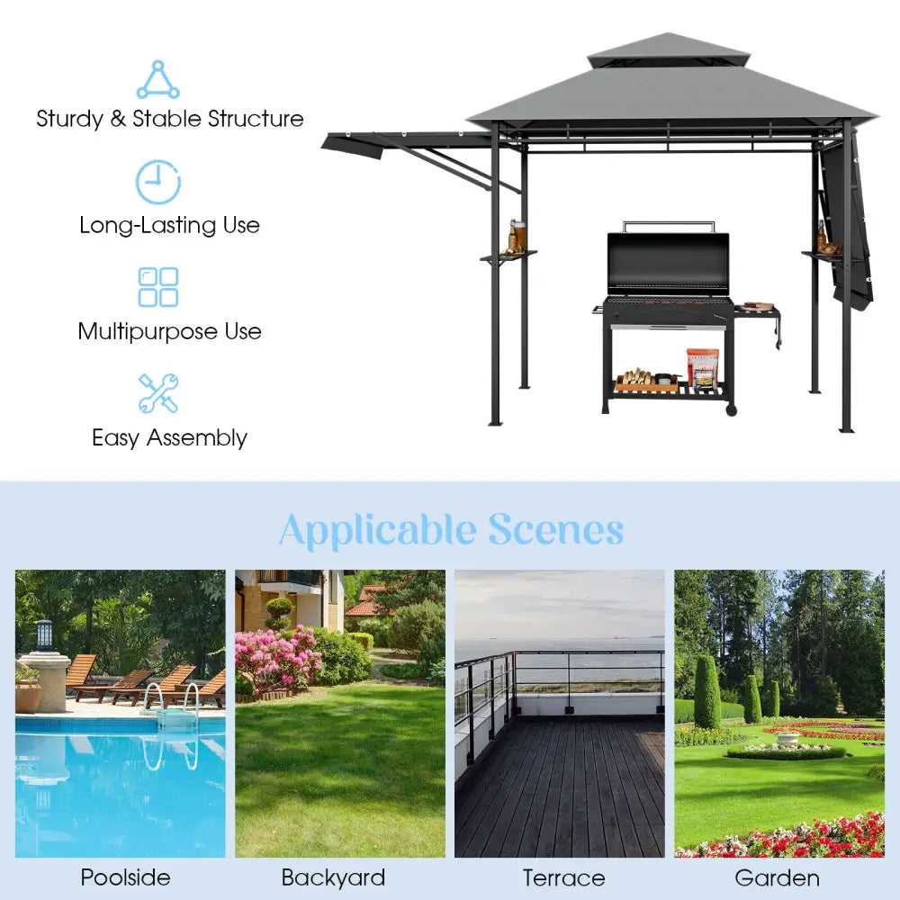 13.5 x 4 Feet Patio BBQ Grill Gazebo Canopy with Dual Side Awnings-Gray - Gray - Gazebos