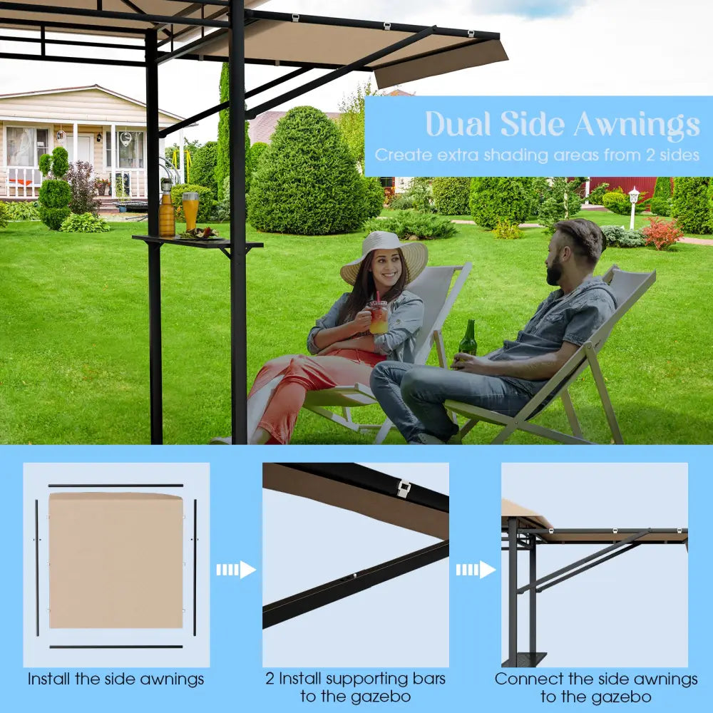 13.5 x 4 Feet Patio BBQ Grill Gazebo Canopy with Dual Side Awnings-Beige - Beige - Gazebos