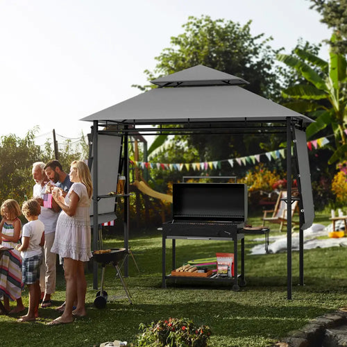 13.5 x 4 Feet Patio BBQ Grill Gazebo Canopy with Dual Side Awnings-Gray - Gray - Gazebos