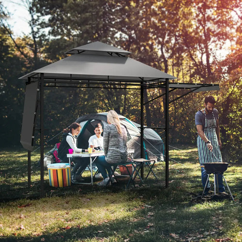 13.5 x 4 Feet Patio BBQ Grill Gazebo Canopy with Dual Side Awnings-Gray - Gray - Gazebos