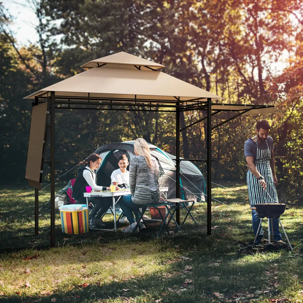13.5 x 4 Feet Patio BBQ Grill Gazebo Canopy with Dual Side Awnings-Beige - Beige - Gazebos