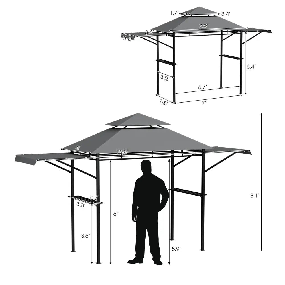 13.5 x 4 Feet Patio BBQ Grill Gazebo Canopy with Dual Side Awnings-Gray - Gray - Gazebos
