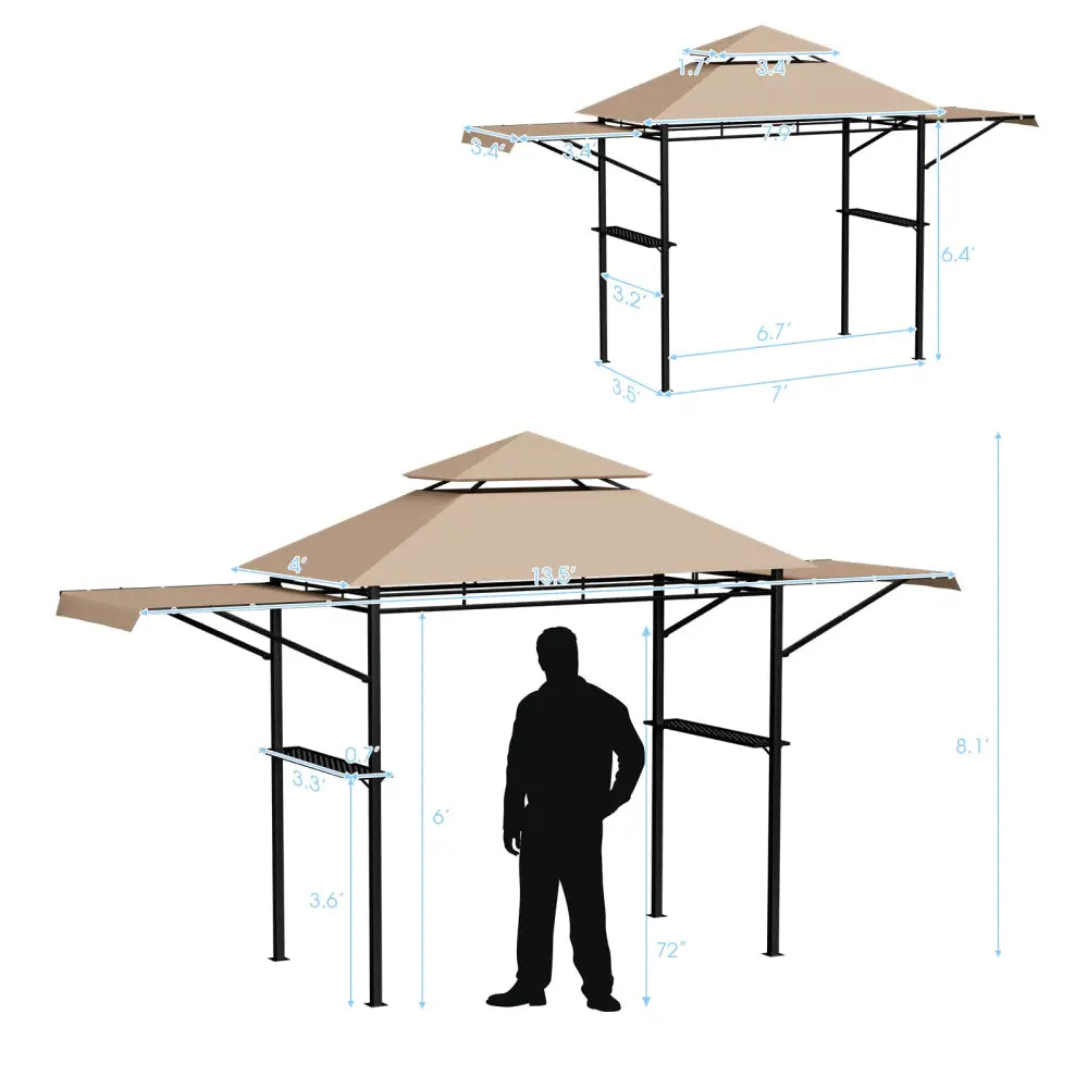 13.5 x 4 Feet Patio BBQ Grill Gazebo Canopy with Dual Side Awnings-Beige - Beige - Gazebos