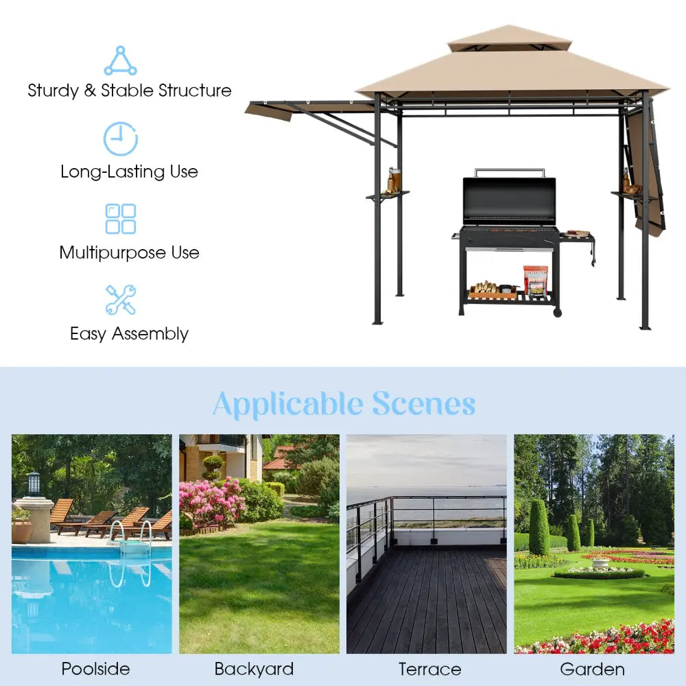 13.5 x 4 Feet Patio BBQ Grill Gazebo Canopy with Dual Side Awnings-Beige - Beige - Gazebos
