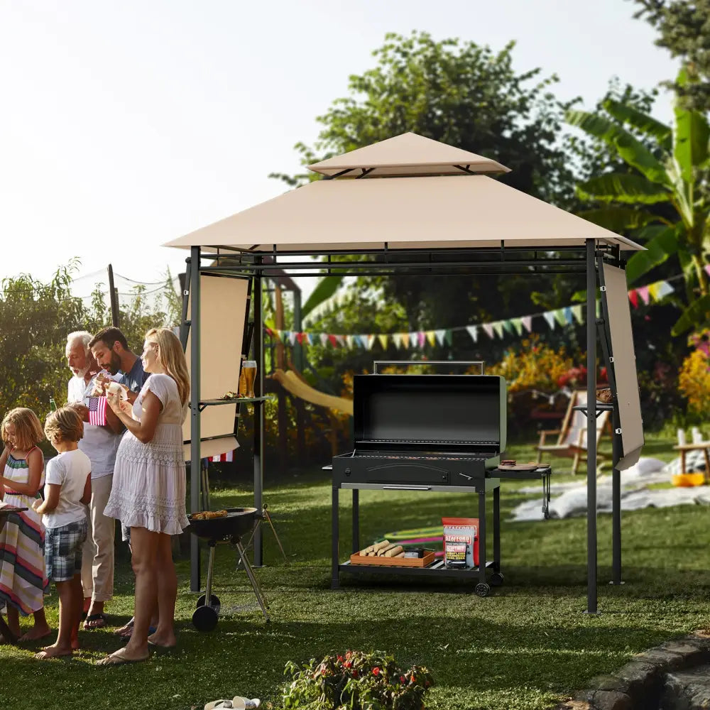 13.5 x 4 Feet Patio BBQ Grill Gazebo Canopy with Dual Side Awnings-Beige - Beige - Gazebos