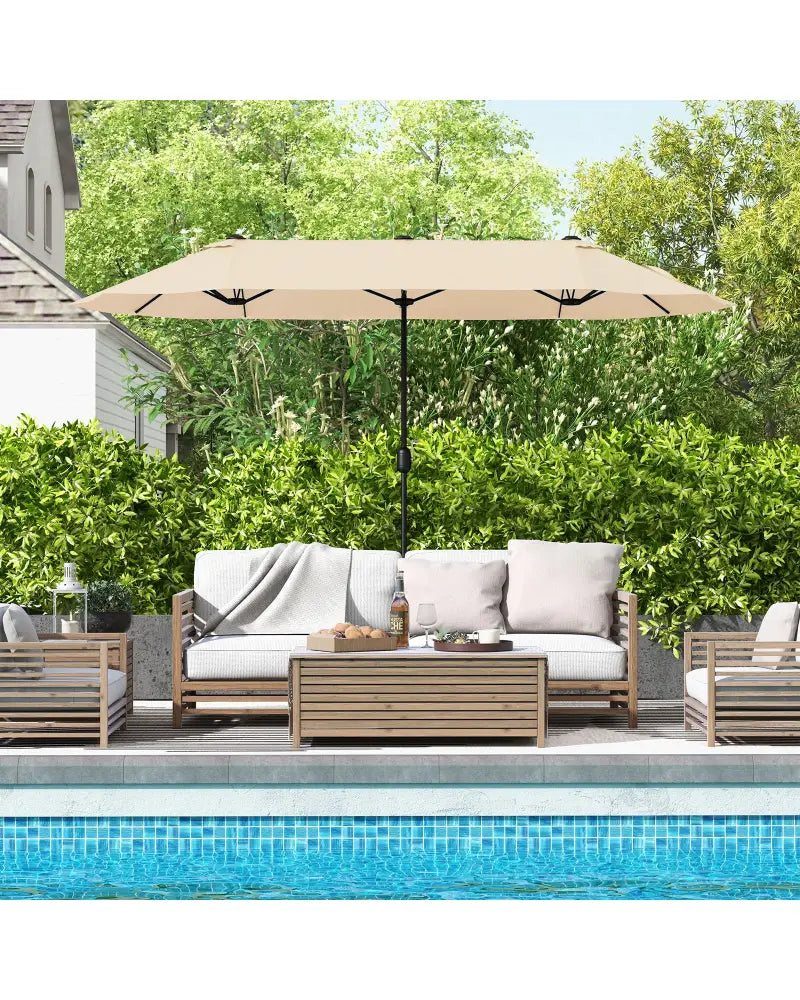 13 Feet Double-Sided Patio Twin Table Umbrella with Crank Handle-Beige - Beige - Outdoor Umbrellas