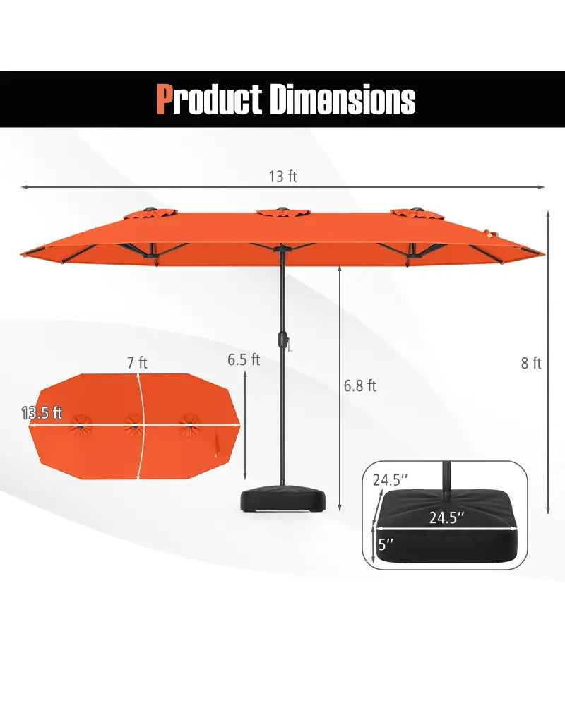 13 Feet Double-Sided Patio Twin Table Umbrella with Crank Handle-Orange - Orange - Outdoor Umbrellas