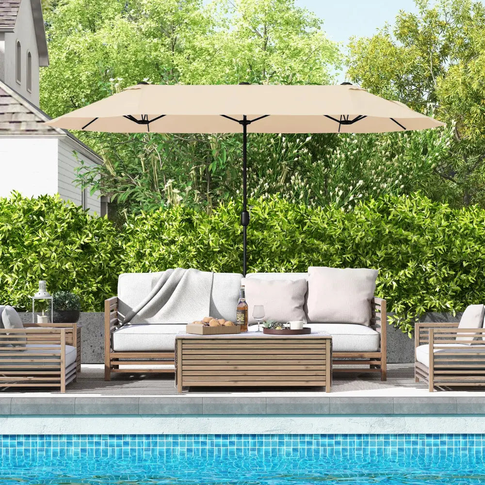 13 Feet Double-Sided Patio Twin Table Umbrella with Crank Handle-Beige - Beige - Outdoor Umbrellas