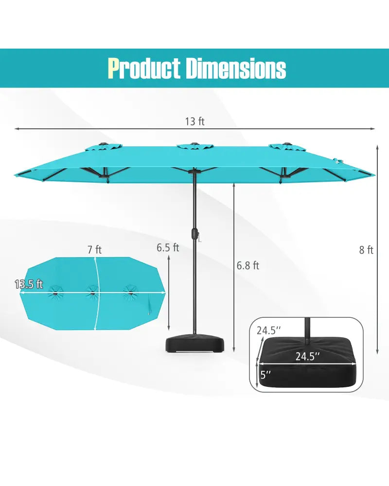 13 Feet Double-Sided Patio Twin Table Umbrella with Crank Handle-Turquoise - Turquoise - Outdoor Umbrellas