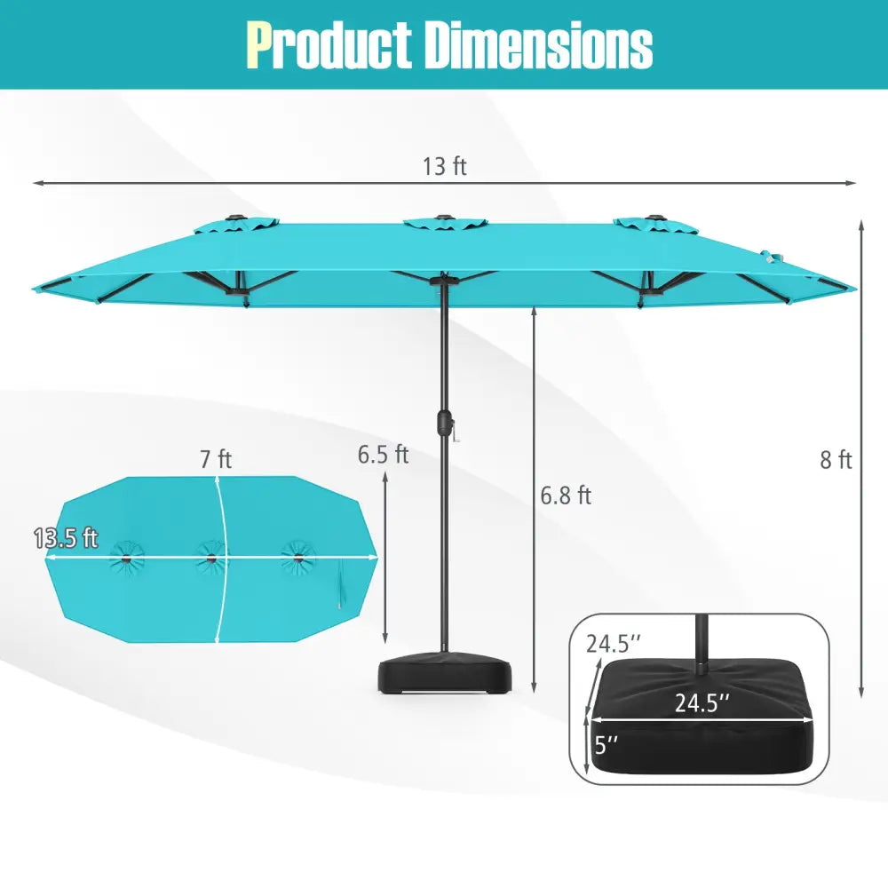 13 Feet Double-Sided Patio Twin Table Umbrella with Crank Handle-Turquoise - Turquoise - Outdoor Umbrellas