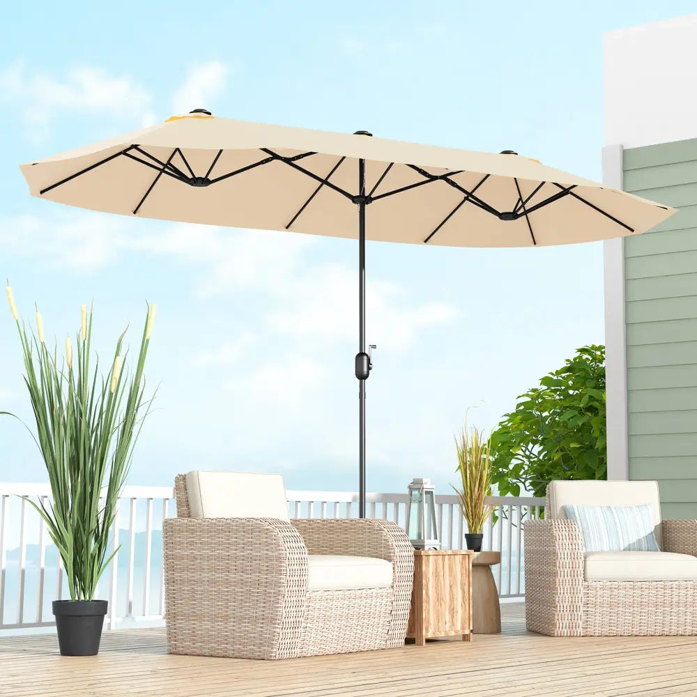 13 Feet Double-Sided Patio Twin Table Umbrella with Crank Handle-Beige - Beige - Outdoor Umbrellas