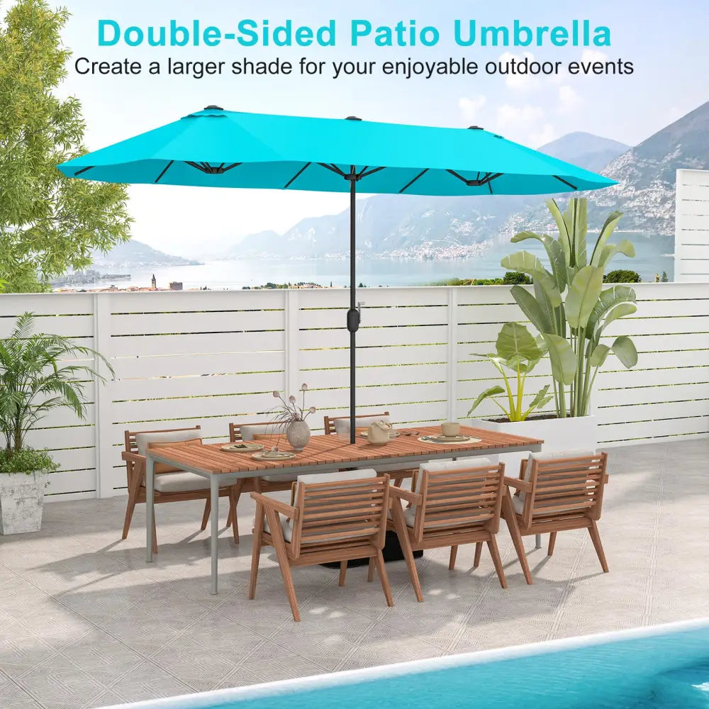 13 Feet Double-Sided Patio Twin Table Umbrella with Crank Handle-Turquoise - Turquoise - Outdoor Umbrellas