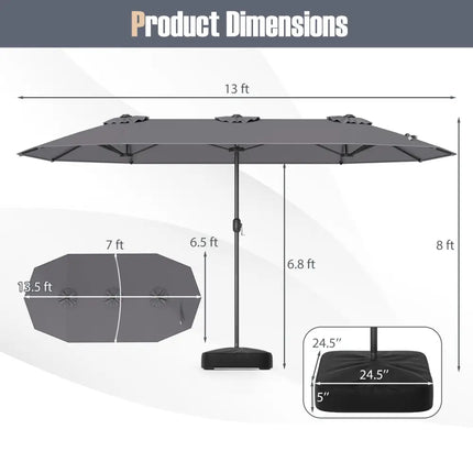 13 Feet Double-Sided Patio Twin Table Umbrella with Crank Handle-Gray - Gray - Outdoor Umbrellas