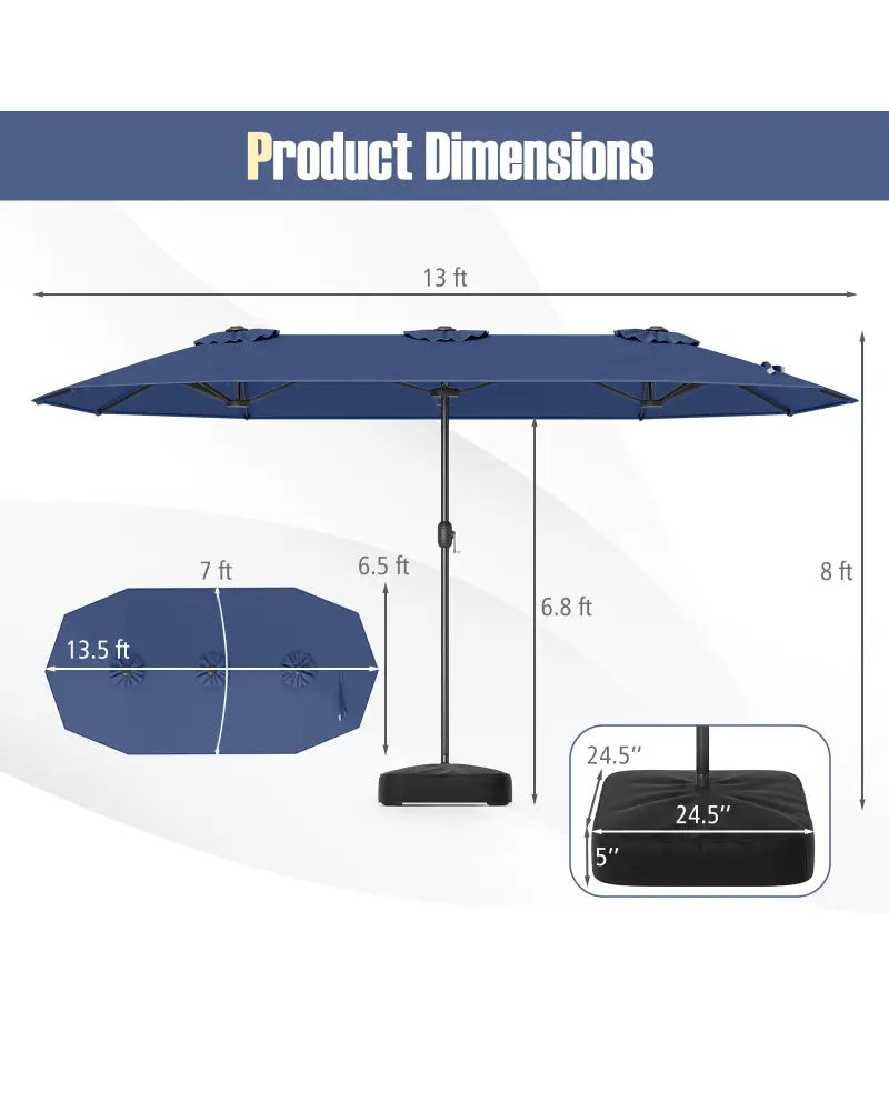 13 Feet Double-Sided Patio Twin Table Umbrella with Crank Handle-Navy - Navy - Outdoor Umbrellas