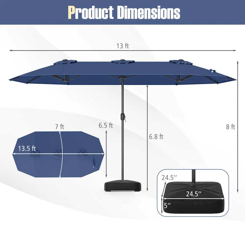 13 Feet Double-Sided Patio Twin Table Umbrella with Crank Handle-Navy - Navy - Outdoor Umbrellas