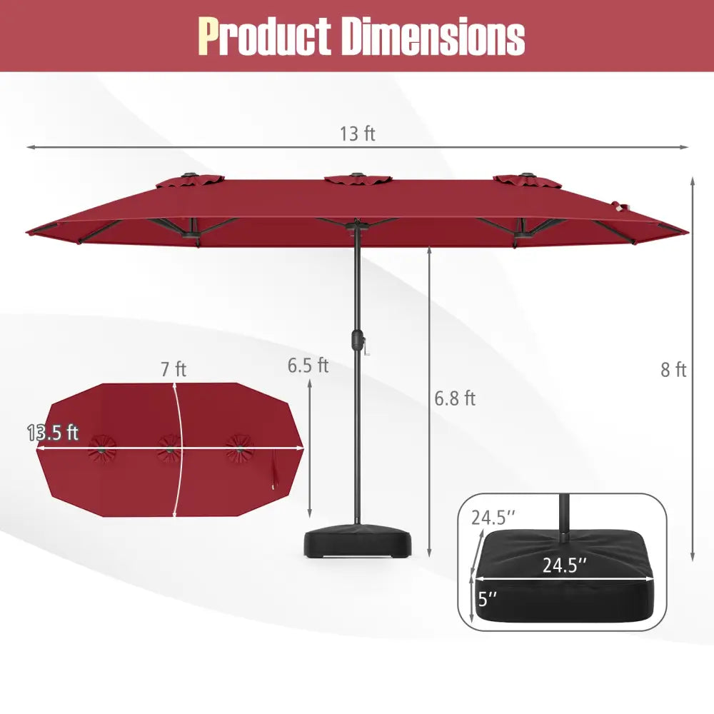13 Feet Double-Sided Patio Twin Table Umbrella with Crank Handle-Wine - Wine - Outdoor Umbrellas