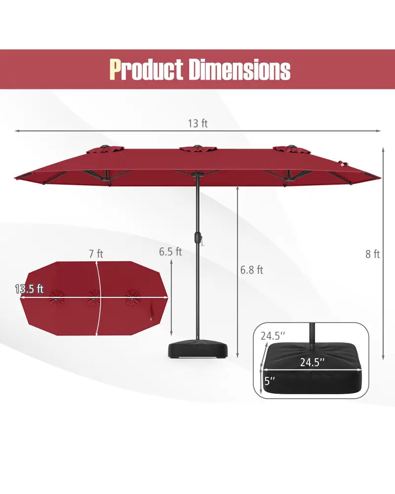 13 Feet Double-Sided Patio Twin Table Umbrella with Crank Handle-Wine - Wine - Outdoor Umbrellas