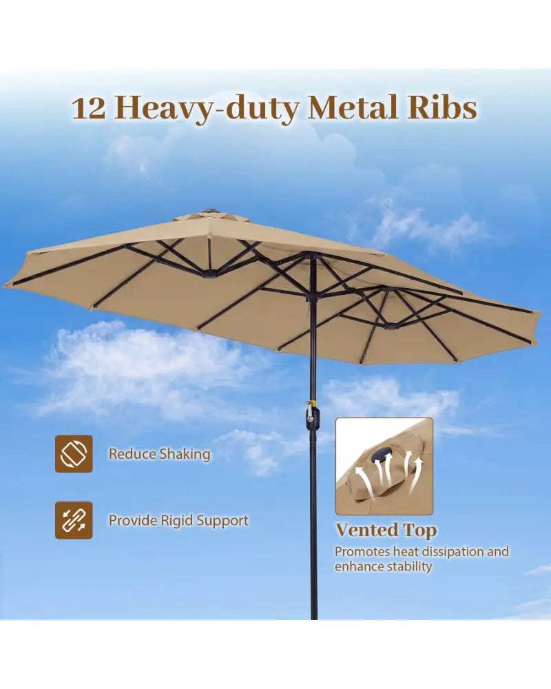13 FT Double-Sided Patio Umbrella Large Rectangle Market Umbrella with 36 LED Lights-Tan - Tan - Outdoor Umbrellas