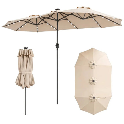 13 FT Double-Sided Patio Umbrella Large Rectangle Market Umbrella with 36 LED Lights-Beige - Beige - Outdoor Umbrellas