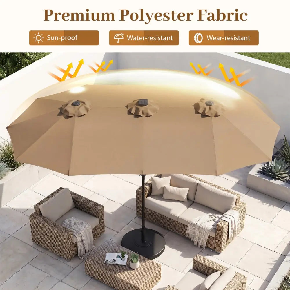 13 FT Double-Sided Patio Umbrella Large Rectangle Market Umbrella with 36 LED Lights-Tan - Tan - Outdoor Umbrellas